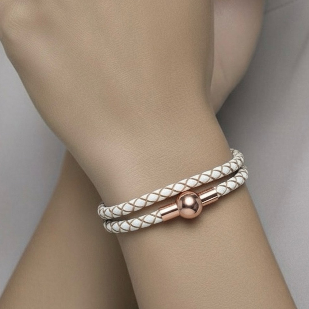 Linx Double White Leather Braided Cord Bracelet with a Rose Gold Magnetic Clasp